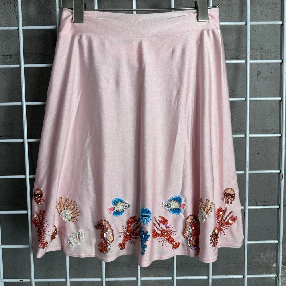 Her Pony the Label Under The Sea Beaded Mini Skirt Pink Lobster Seahorse 10‎ NWT